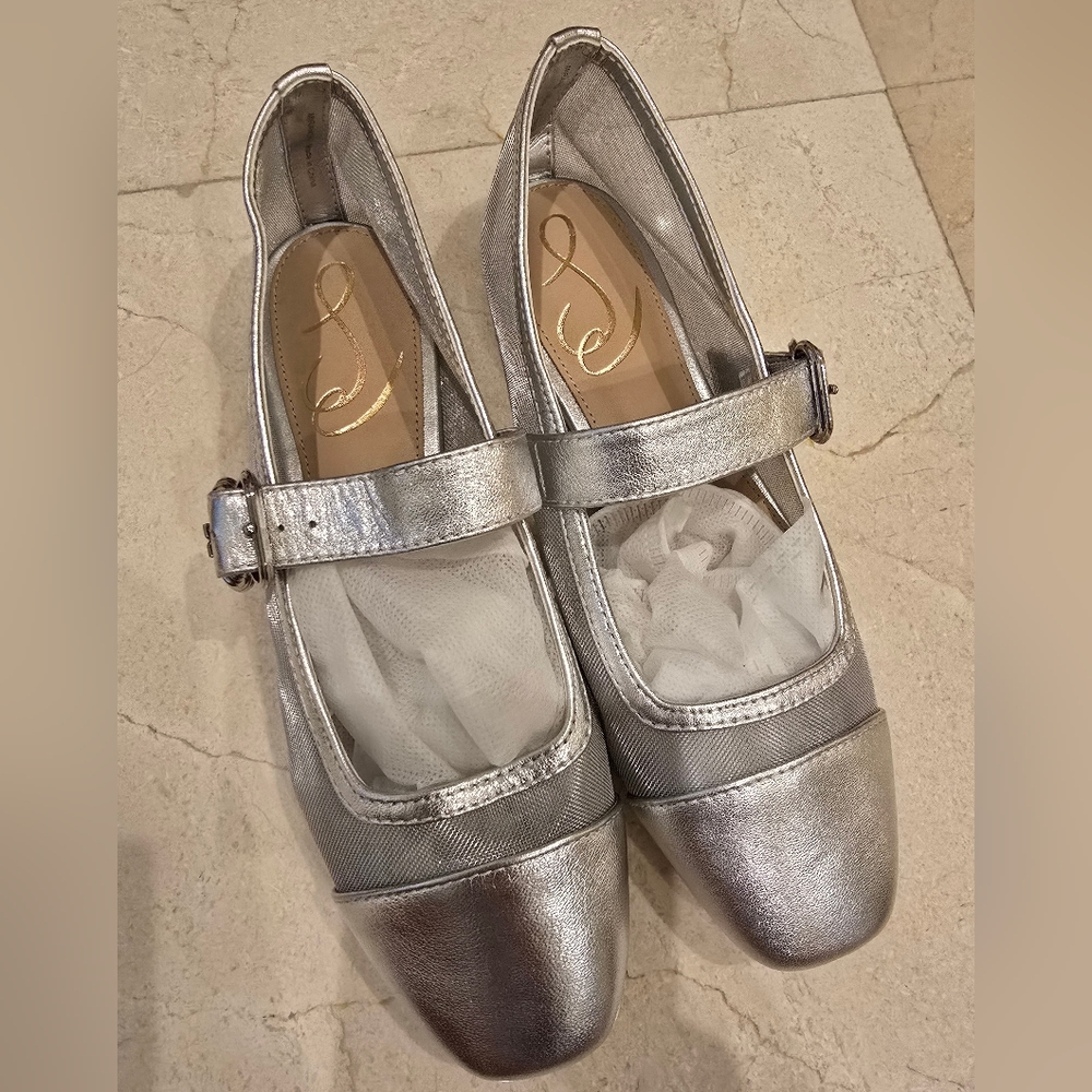Sam Edelman Metallic Silver Mary Jane Flats, New